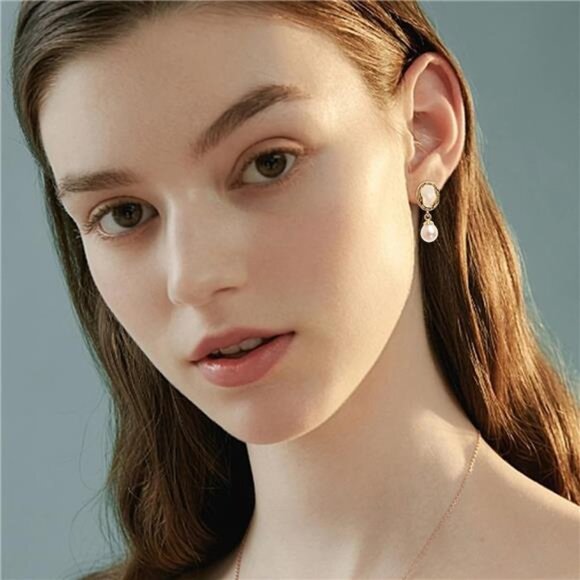 Abalone Shell & Freshwater Pearl Drop Earrings | 14K Gold Plated Hypoallergenic - Picture 4 of 8